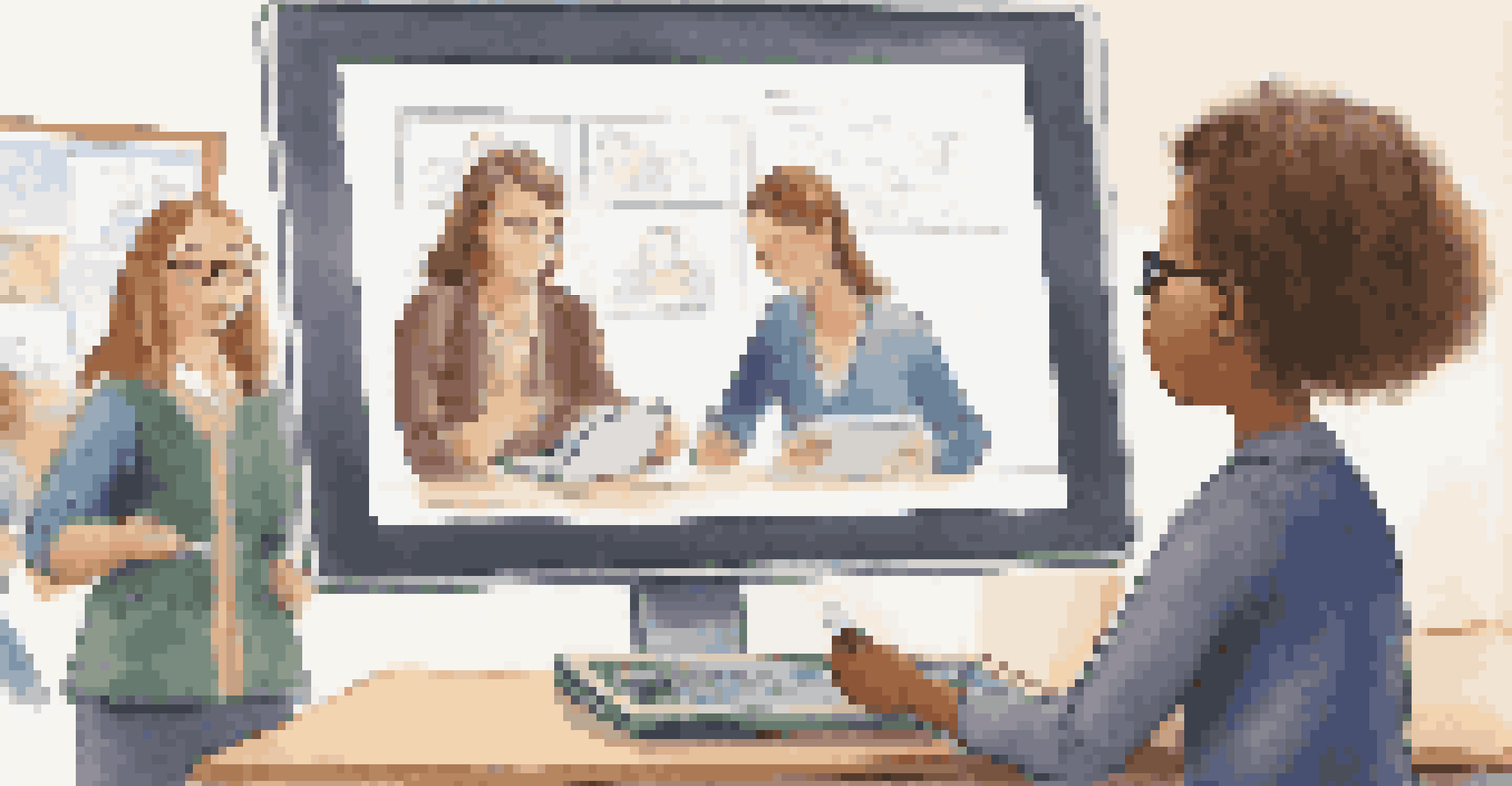 A teacher using a digital tablet in a classroom, engaging with students who are attentively looking at the screen.