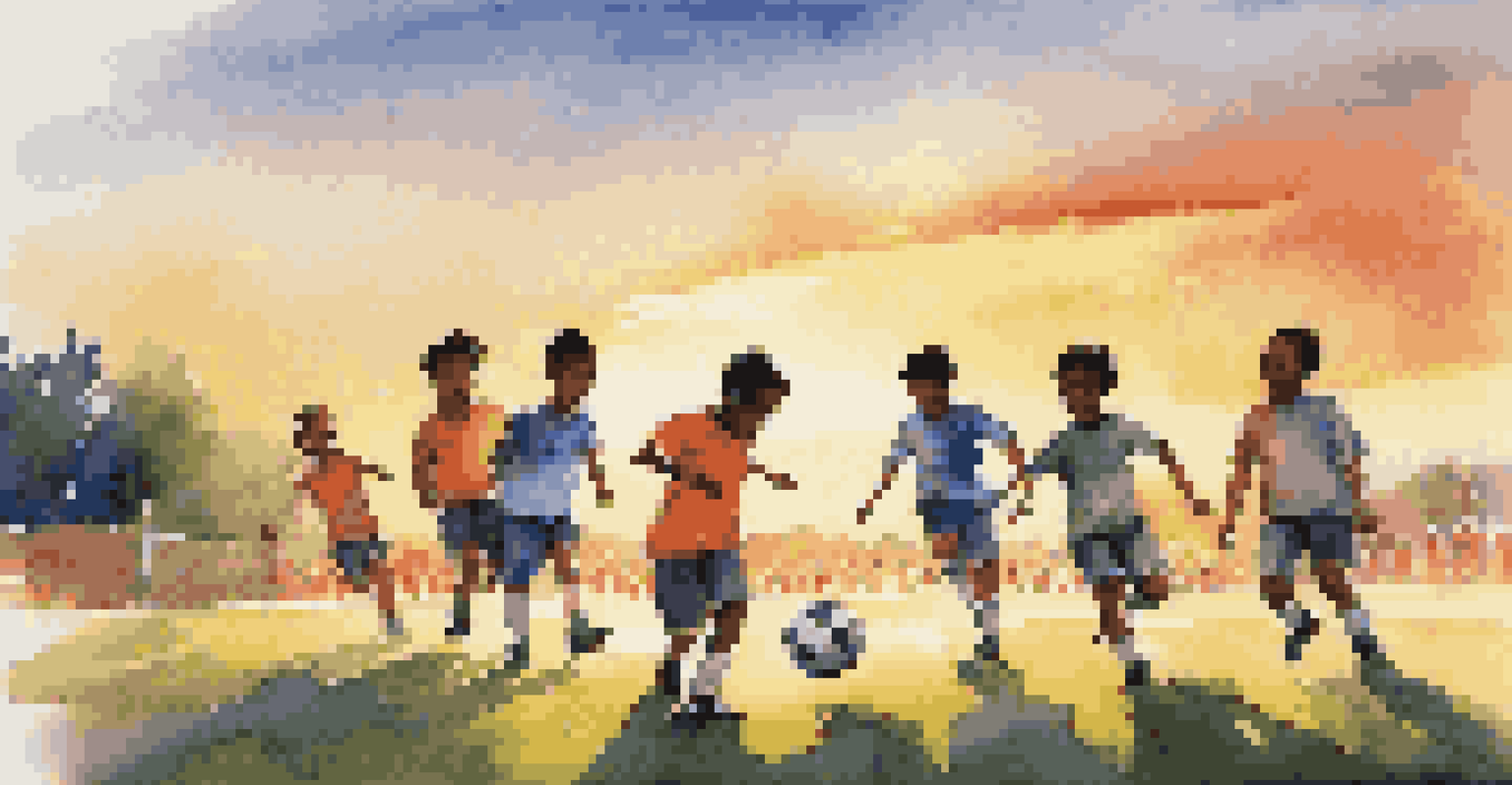 A group of children playing soccer, with one child dribbling the ball and others positioned around, set against a beautiful sunset on the field.