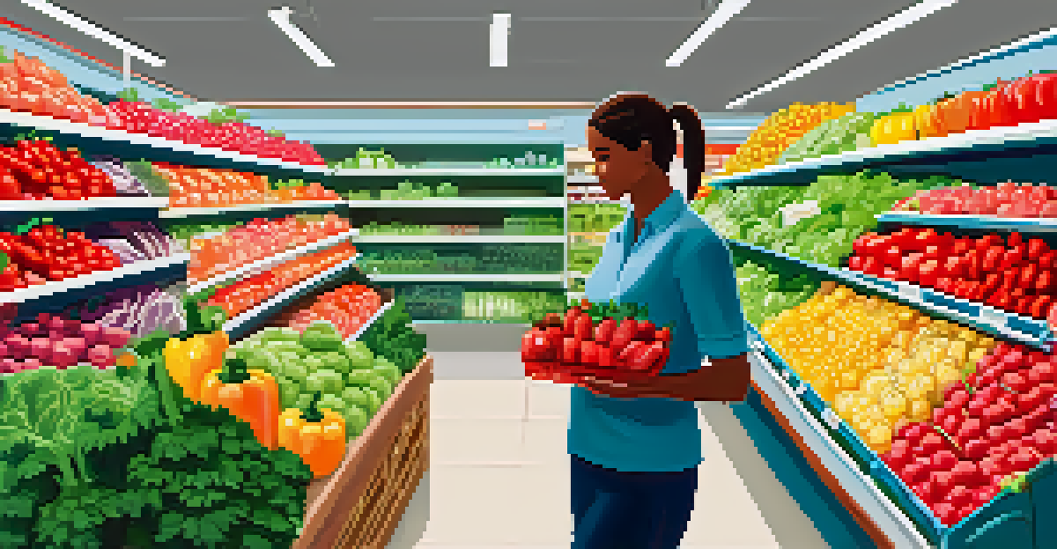 A grocery store aisle filled with fresh fruits and vegetables, a shopper holding a list.