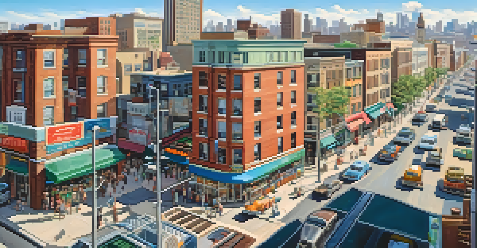 A vibrant aerial view of a city skyline with commercial and industrial buildings.