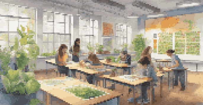 A vibrant classroom where students are working together on interdisciplinary projects, showcasing collaboration and creativity.