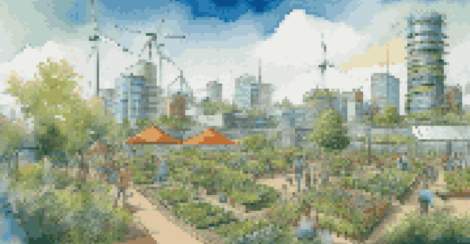 A sustainable cityscape with green buildings, solar panels, and a community garden, under a blue sky with clouds.