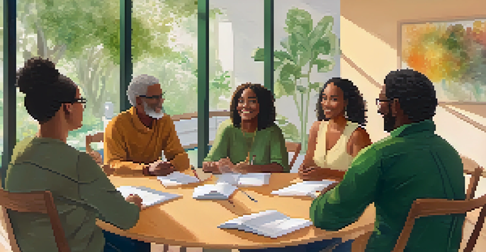 A diverse group of individuals in a supportive circle, sharing their experiences in a warmly lit room filled with plants.