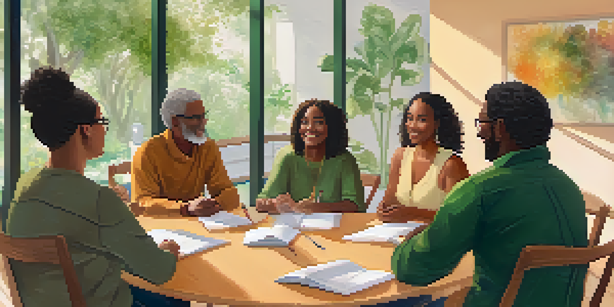 A diverse group of individuals in a supportive circle, sharing their experiences in a warmly lit room filled with plants.