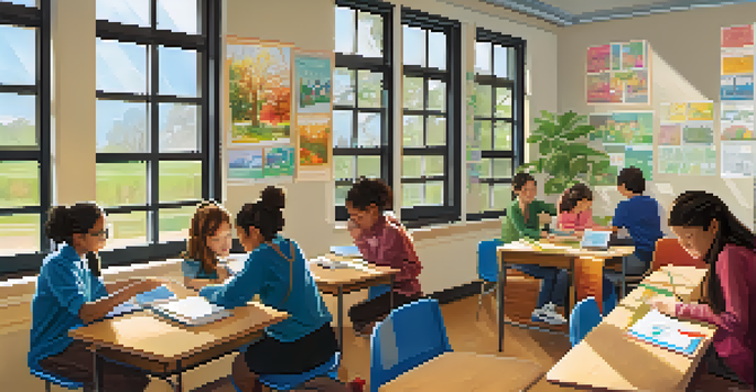 A bright classroom filled with students working together on laptops, with a teacher assisting them. The room has educational posters and plants.