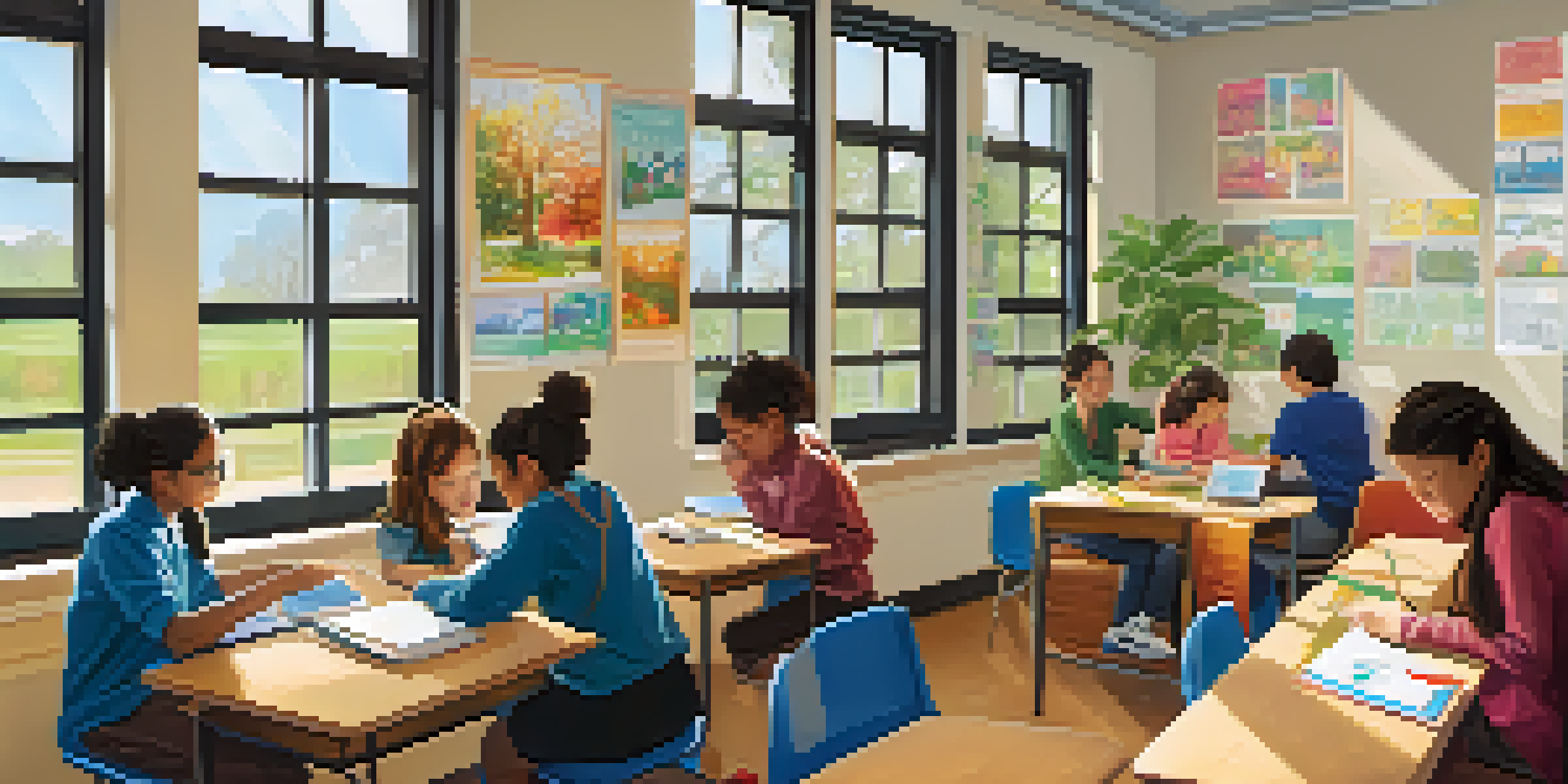 A bright classroom filled with students working together on laptops, with a teacher assisting them. The room has educational posters and plants.