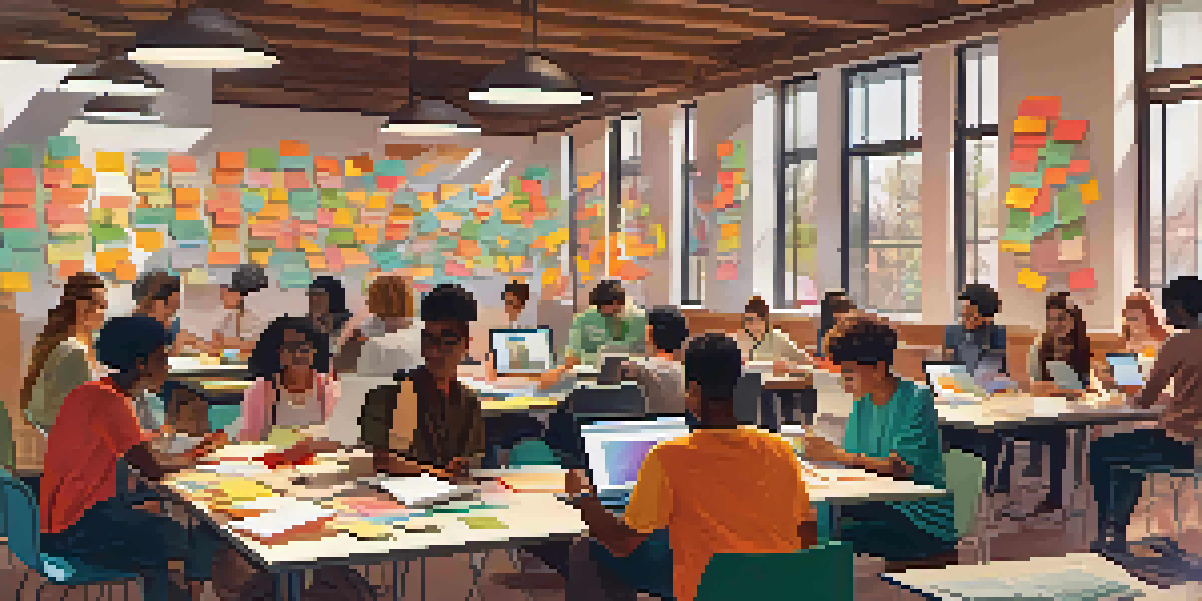 A group of diverse students working together on a project, sharing ideas and surrounded by learning materials.