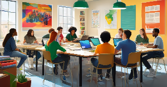 A diverse group of students working together at a table with laptops and digital devices in a bright, colorful classroom.