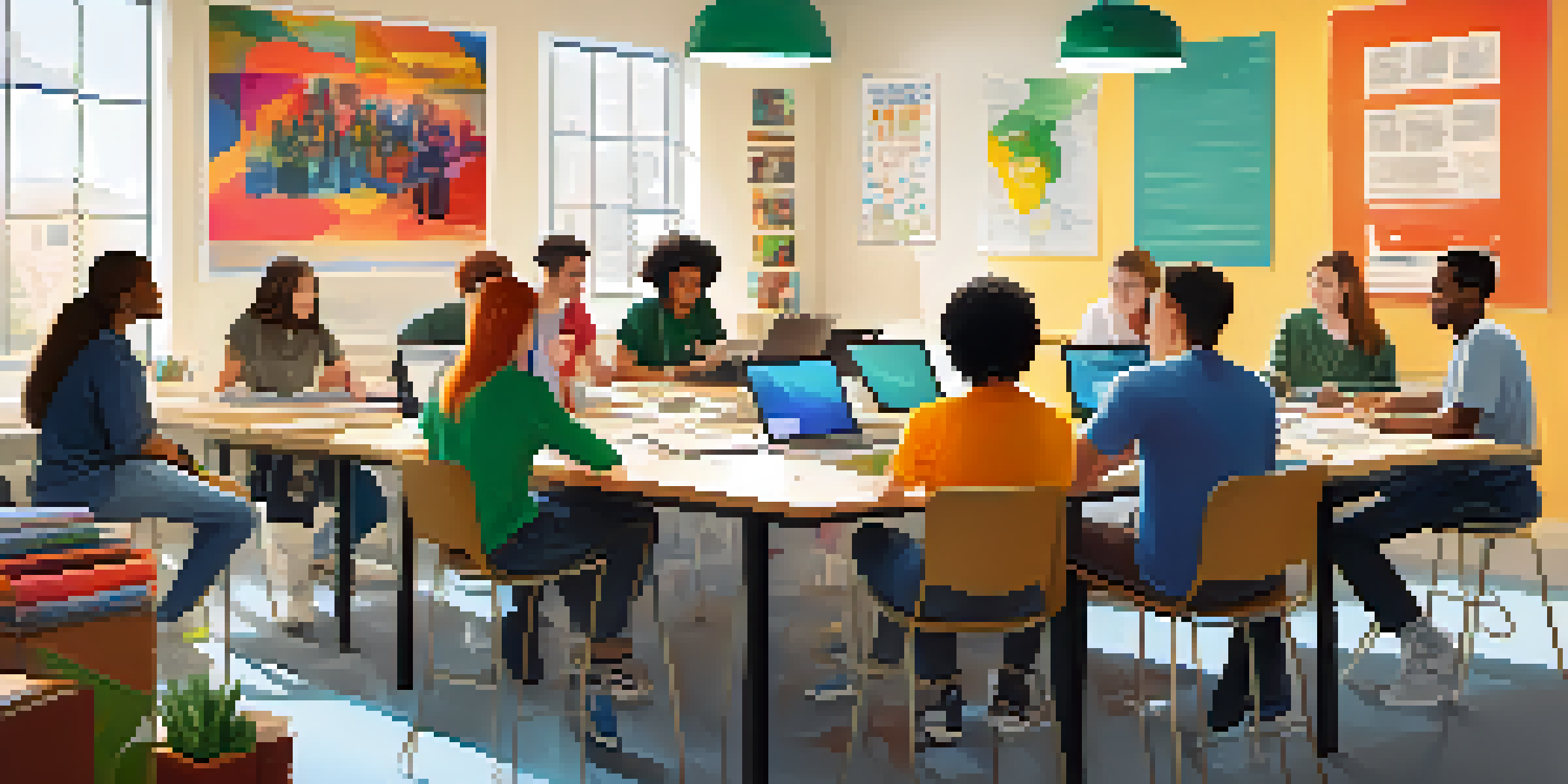 A diverse group of students working together at a table with laptops and digital devices in a bright, colorful classroom.