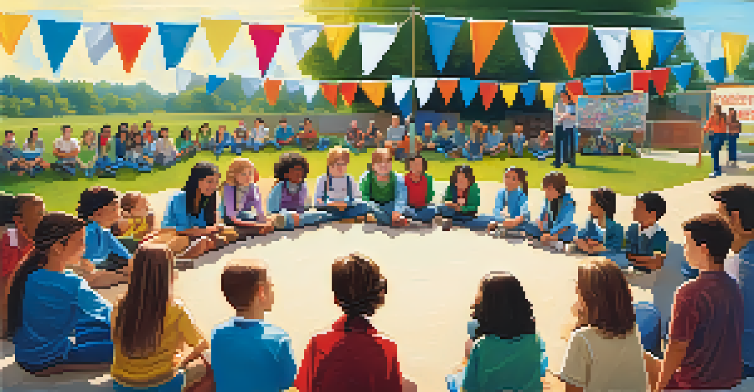 A community gathering of teachers, parents, and students discussing anti-bullying strategies in a sunny outdoor setting.