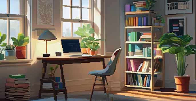 A cozy study space with a laptop, textbooks, and sunlight filtering through a window, creating a serene atmosphere for online learning.