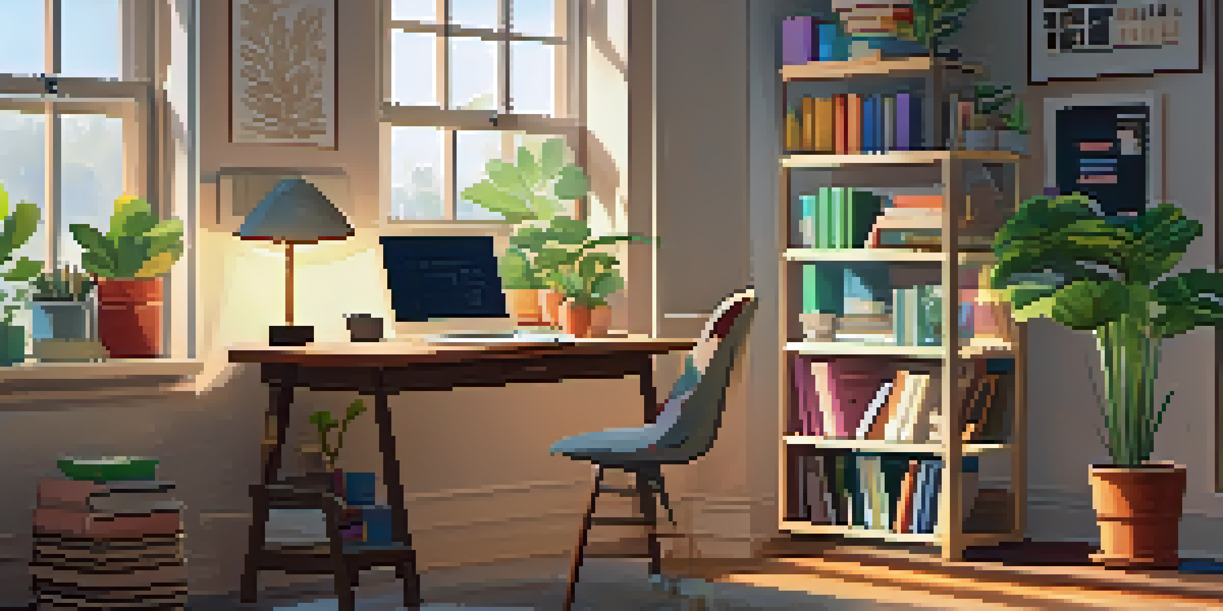 A cozy study space with a laptop, textbooks, and sunlight filtering through a window, creating a serene atmosphere for online learning.