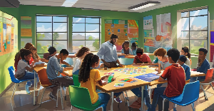 A vibrant classroom with students of various backgrounds collaborating on a digital educational game, showcasing engagement and teamwork.