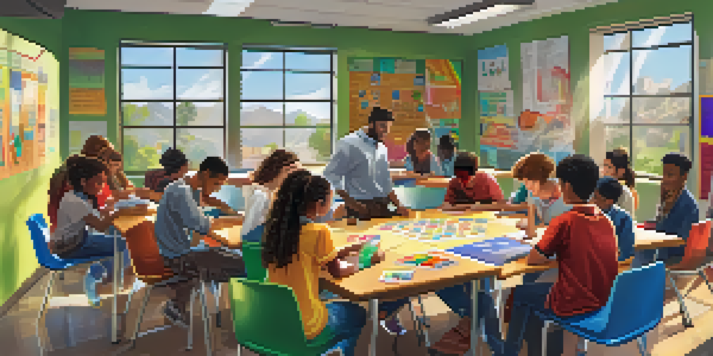 A vibrant classroom with students of various backgrounds collaborating on a digital educational game, showcasing engagement and teamwork.