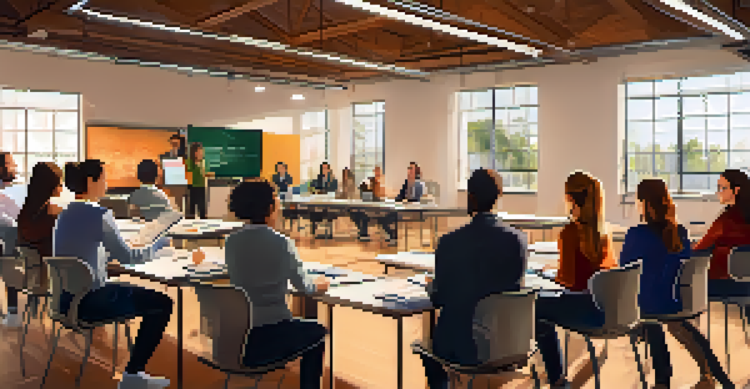 A group of teachers collaborating in a training workshop, surrounded by laptops and educational resources focused on AI.