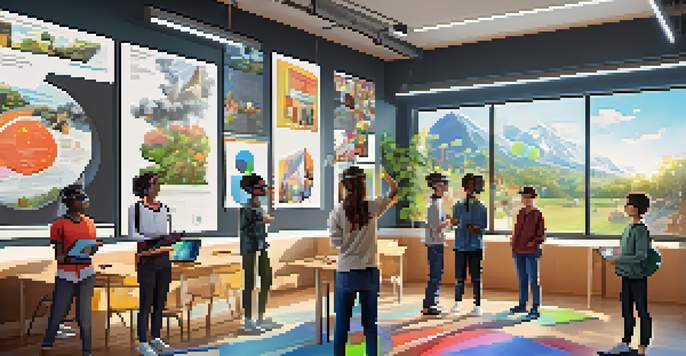 A modern classroom with students wearing VR headsets, engaged in an immersive learning experience.