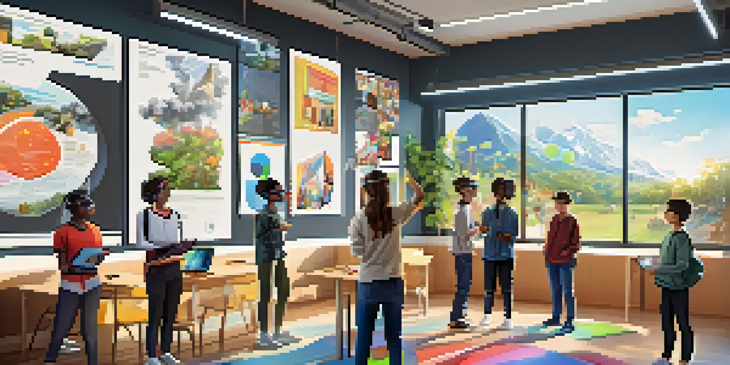 A modern classroom with students wearing VR headsets, engaged in an immersive learning experience.