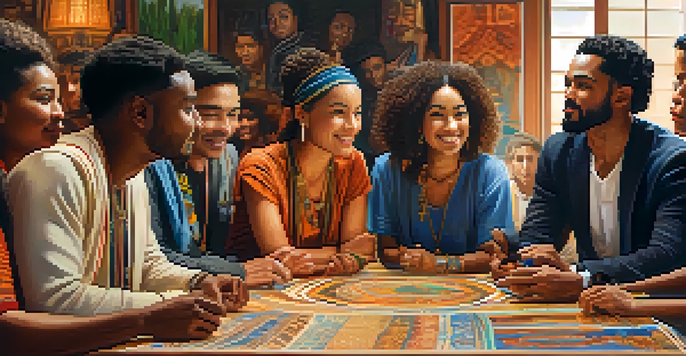 A diverse group of people sitting around a table, engaging in a meaningful discussion with cultural artifacts in the background.