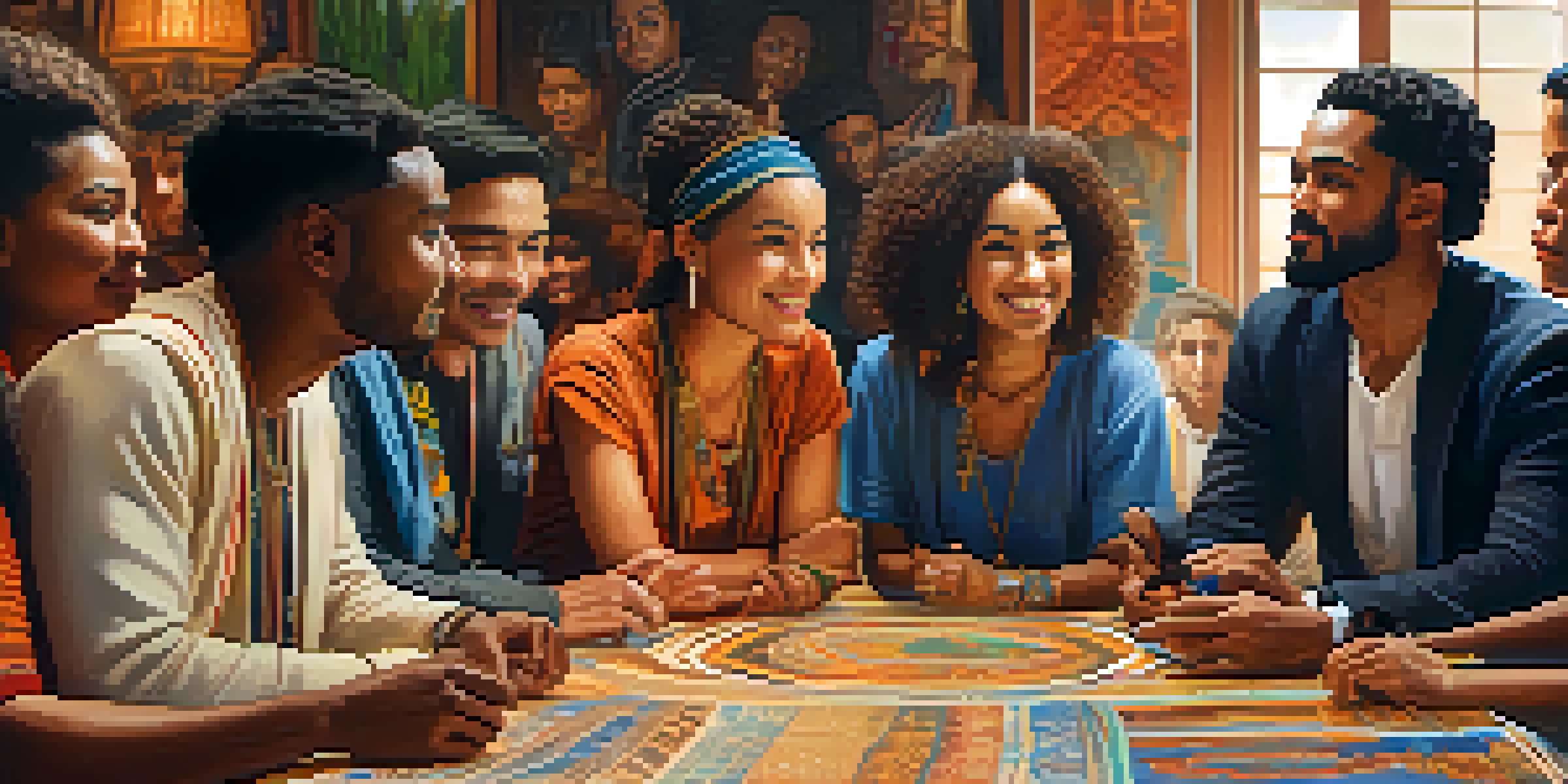 A diverse group of people sitting around a table, engaging in a meaningful discussion with cultural artifacts in the background.