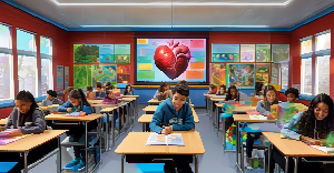 A classroom filled with students interacting with a 3D holographic model of the human heart, demonstrating engagement and diversity.