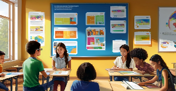 A bright classroom with students engaged in using tablets for digital assessments, guided by a teacher.