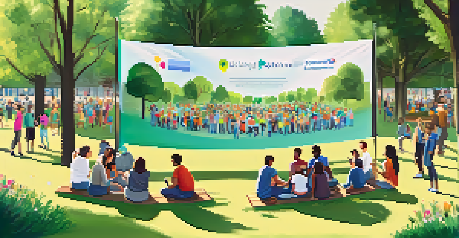 A community gathering in a park promoting positive online interactions, featuring diverse people discussing technology use under a banner.