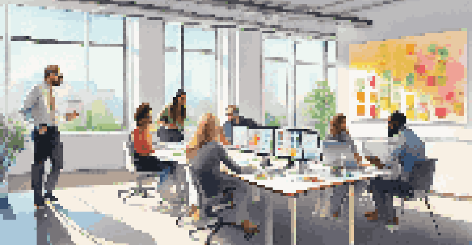 A diverse team of professionals collaborating in a modern office, surrounded by technology and creative materials.