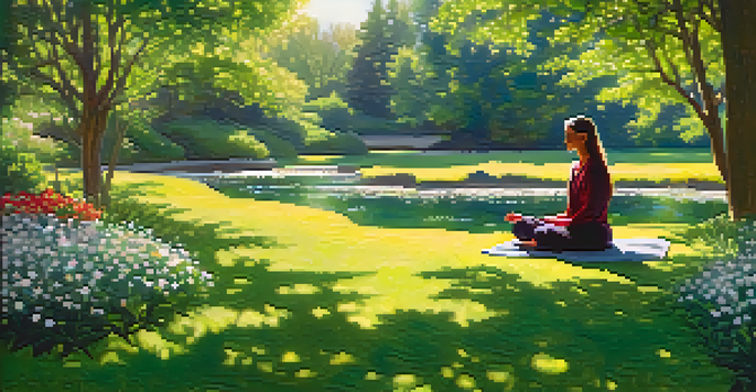 A person meditating in a peaceful garden filled with colorful flowers and a flowing stream, with sunlight filtering through the trees.