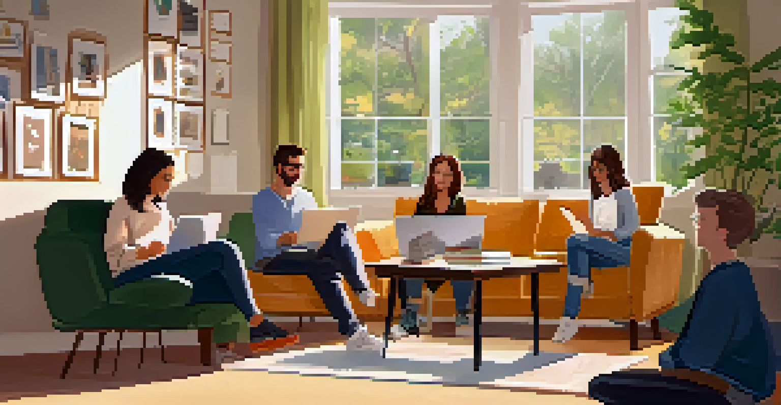 Students participating in an online study group in a cozy home setting, surrounded by warm sunlight and colorful decorations.