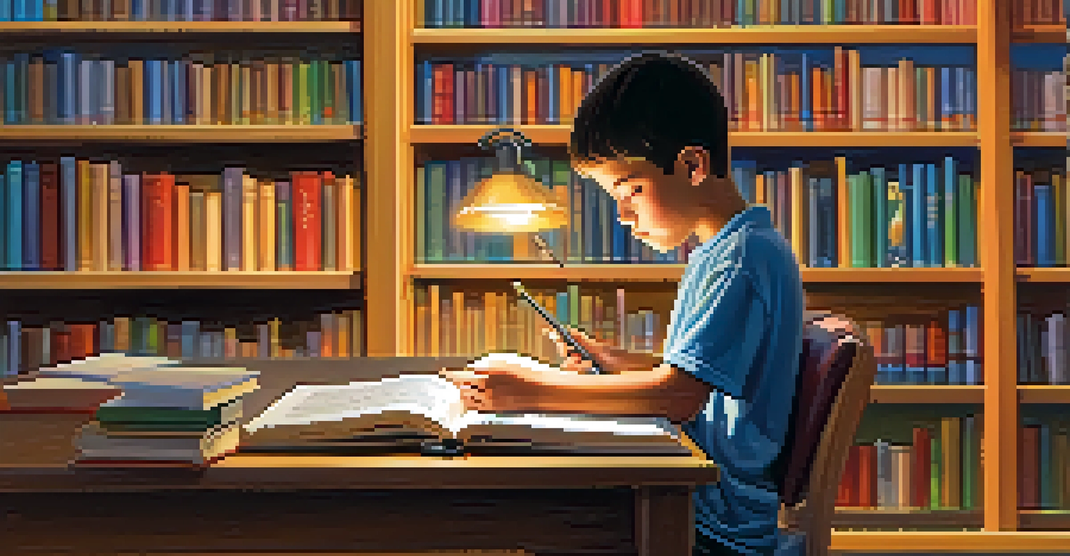 A young visually impaired boy listening to a text-to-speech device in a cozy library, surrounded by shelves of colorful books.