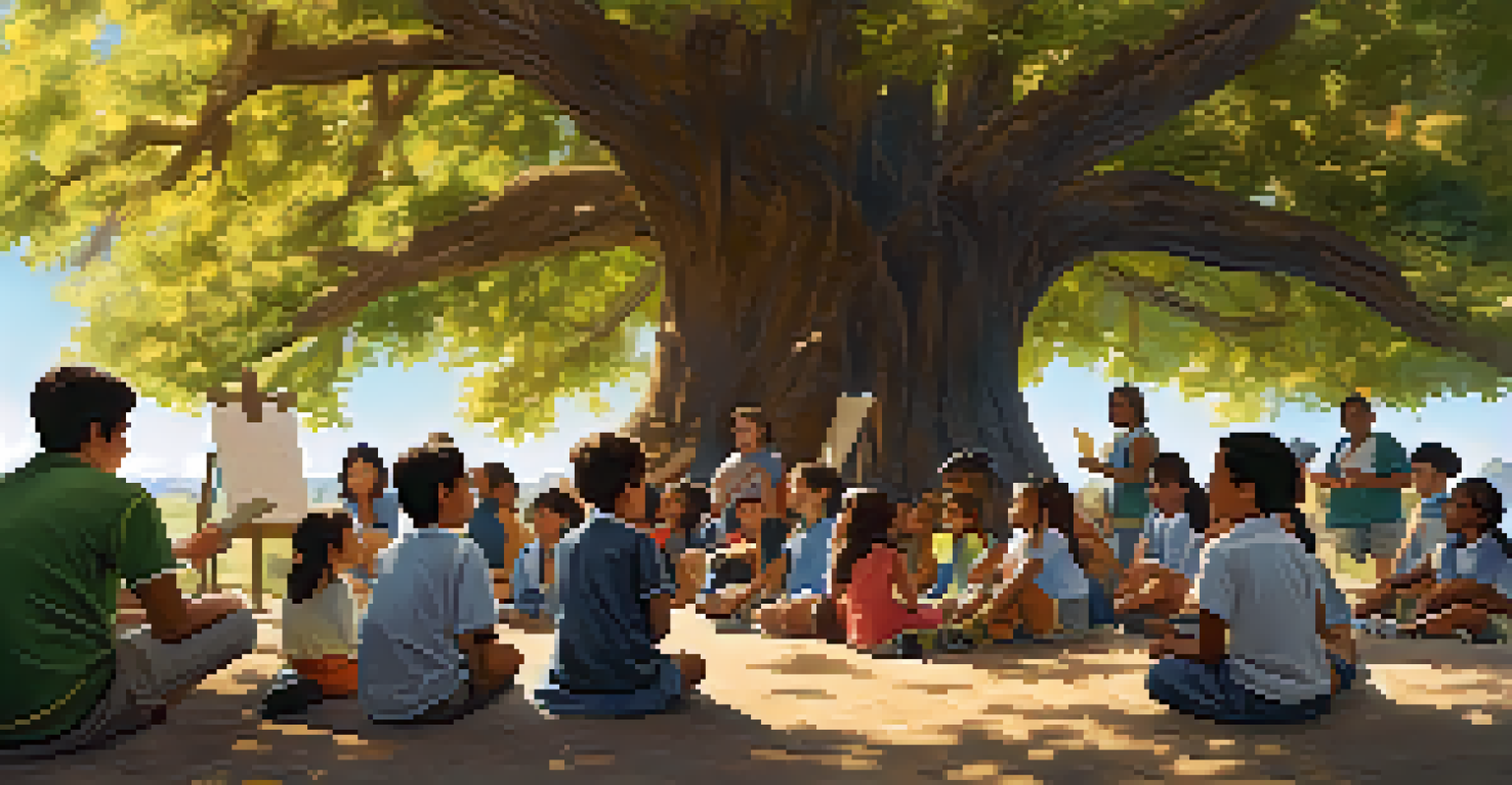 Students gathered around a teacher under a tree, listening to a storytelling session, showcasing unity and diversity.