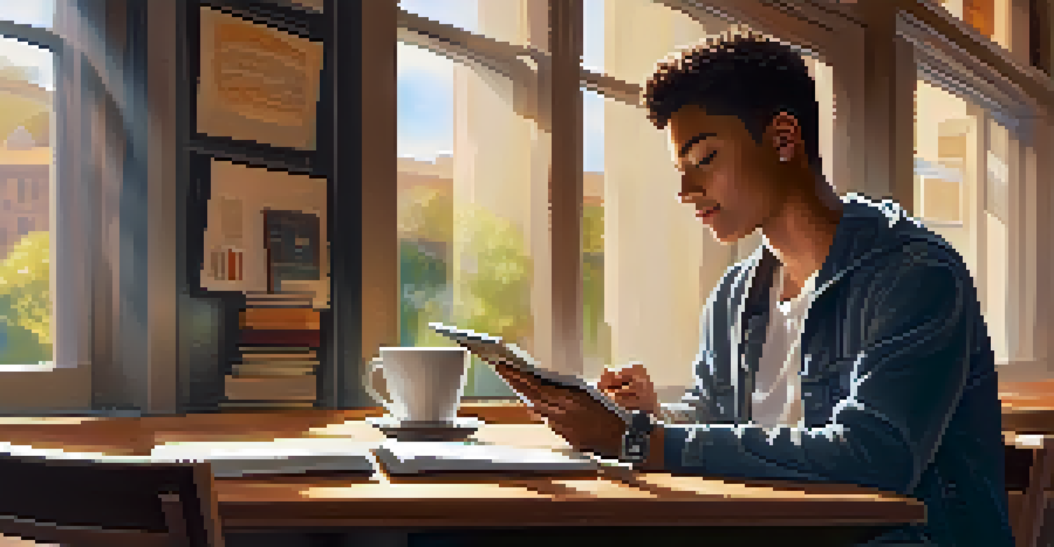 A college student studying with a tablet in a cozy café, with books and a cup of coffee around, under warm lighting.