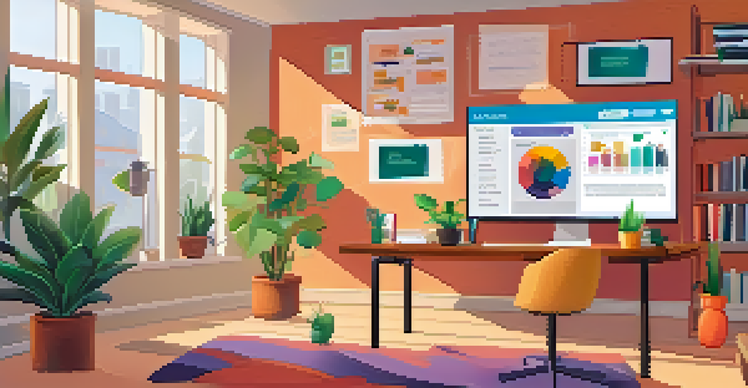 A computer screen showcasing an interactive online learning platform with video tutorials and quizzes, set in a cozy study space.