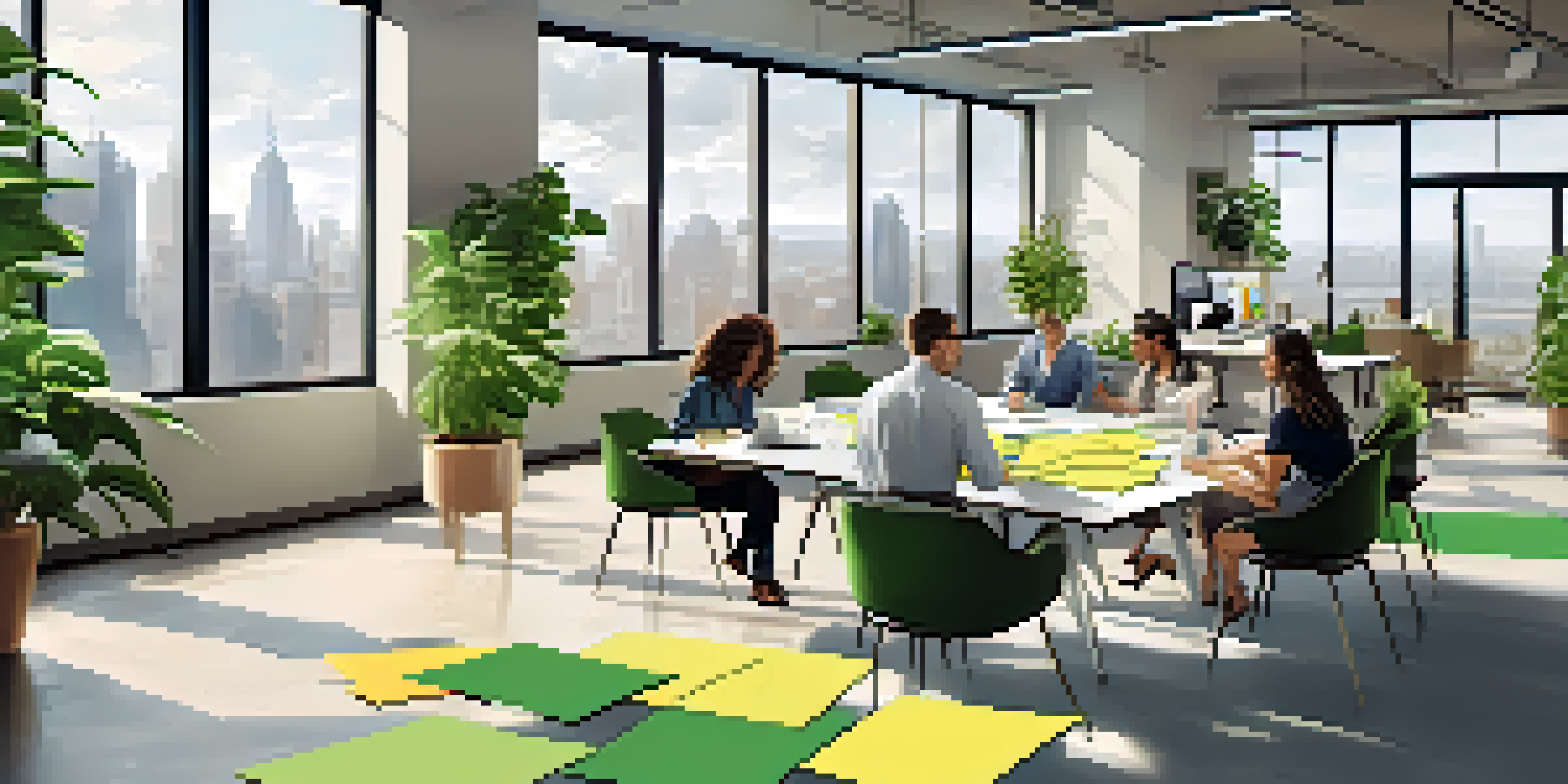 A diverse team of professionals collaborating in a bright office space, surrounded by plants and a city view, sharing ideas on sticky notes.