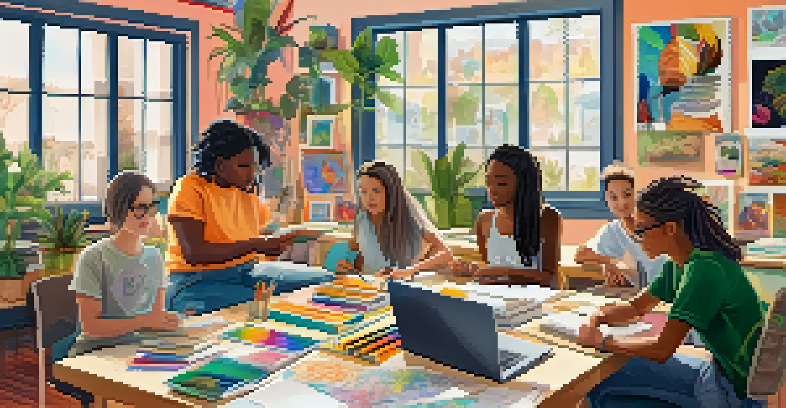 A diverse group of students collaborating at a table with art supplies and laptops, brainstorming ideas for a project.