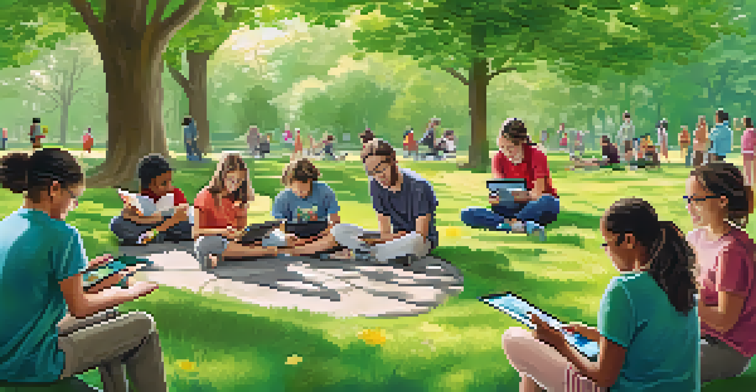 Students with special needs participating in an outdoor learning activity with tablets, guided by a teacher in a park setting.