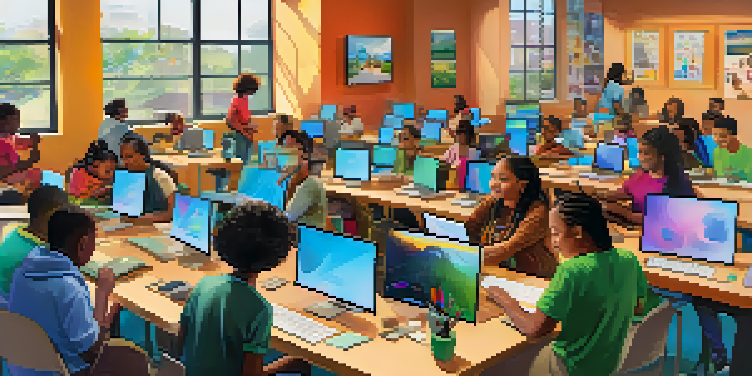 A diverse group of people of different ages participating in a digital literacy workshop at a community center, with computers and an instructor.