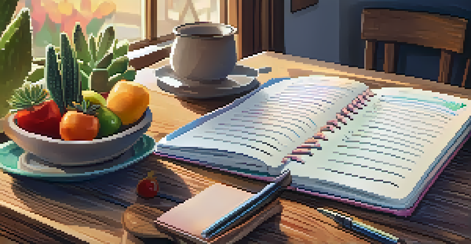 An open food diary next to a plate of balanced, colorful food on a rustic wooden table, with warm lighting.