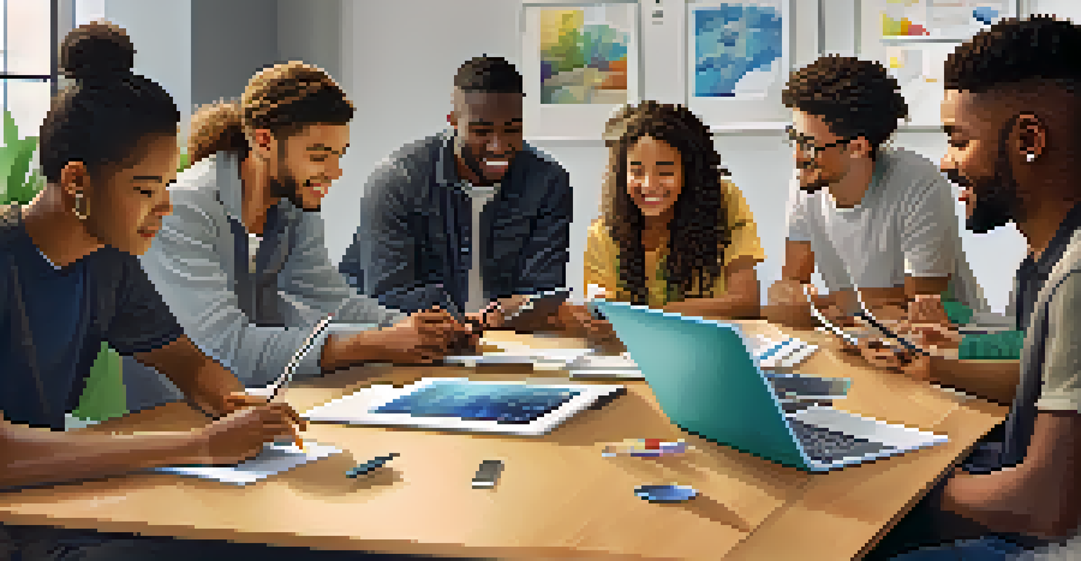 A diverse group of students engaged in teamwork around a table in a modern classroom, using technology and sharing ideas.