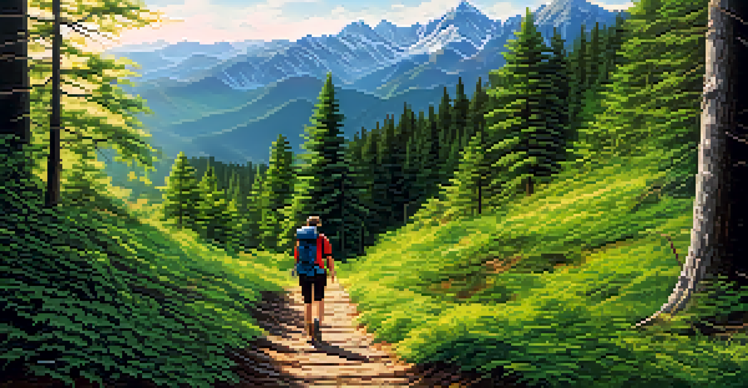 A group of students hiking along a forest trail, with one pointing towards a distant mountain, surrounded by lush greenery.