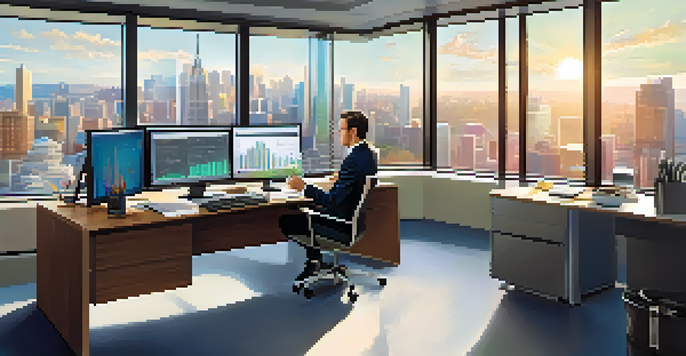 A financial analyst at a desk, reviewing financial statements on a monitor with city views.
