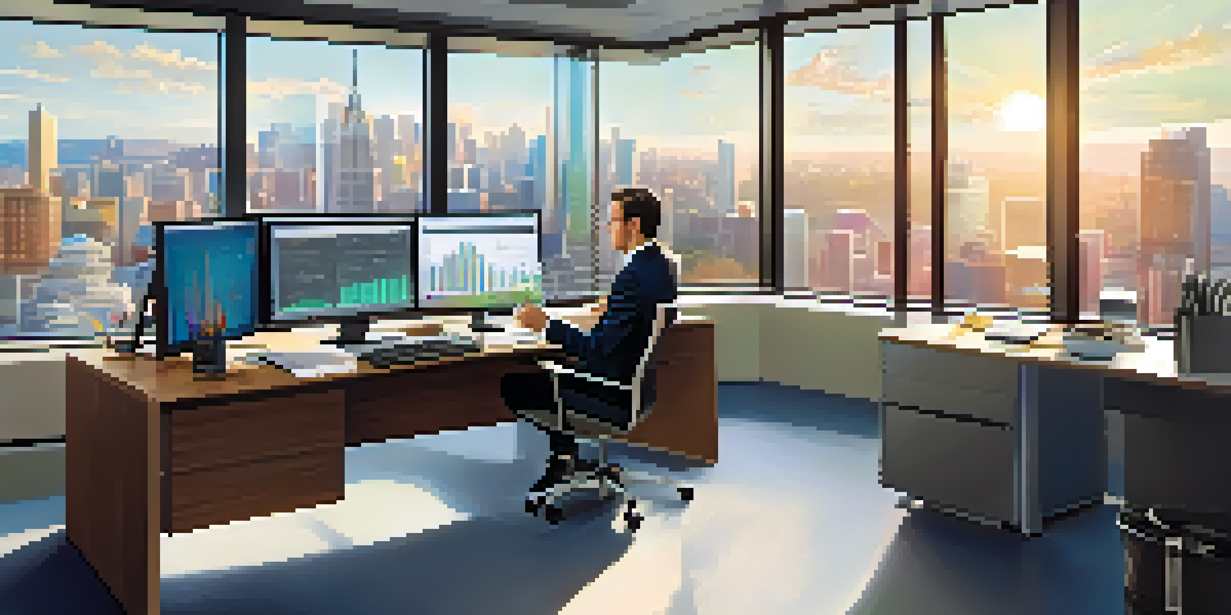 A financial analyst at a desk, reviewing financial statements on a monitor with city views.