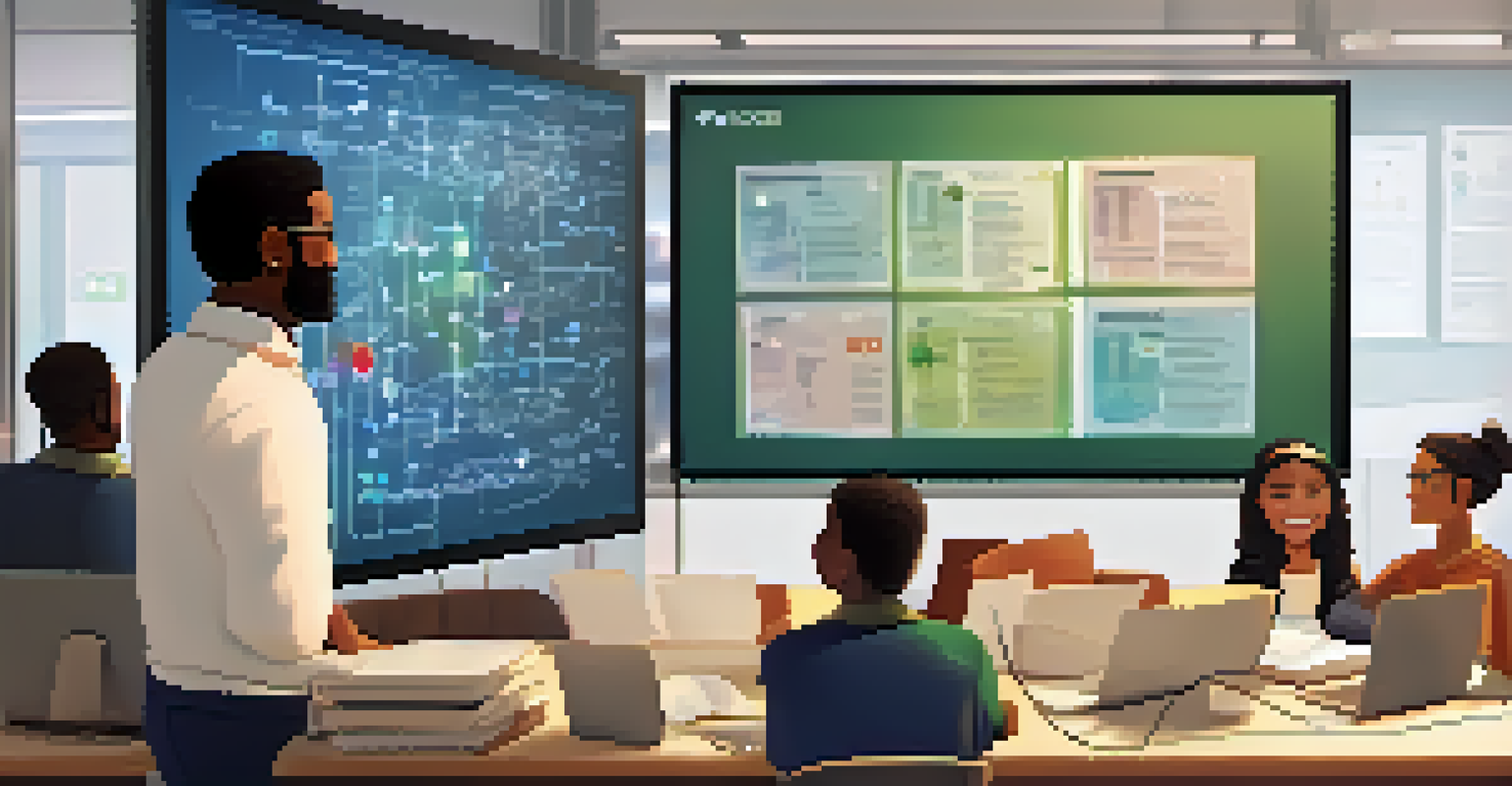 An instructor giving feedback to students during an online class, with a digital board filled with notes and diagrams in the background.