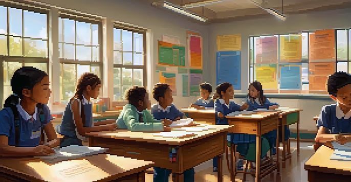 A bright and inviting classroom with students of different backgrounds participating in a group activity, while a teacher oversees them with a friendly demeanor.