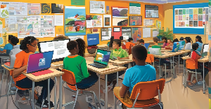 A bright classroom with diverse students working on digital portfolios using laptops and tablets, surrounded by colorful educational posters.
