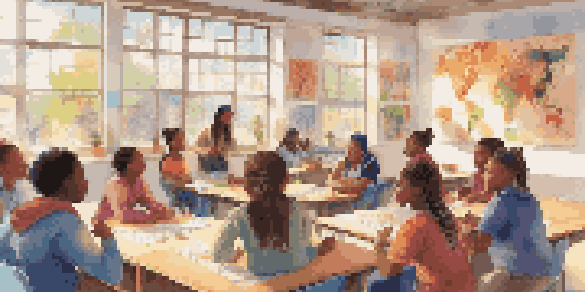 A diverse group of students in a colorful classroom engaged in a discussion, with a teacher facilitating.