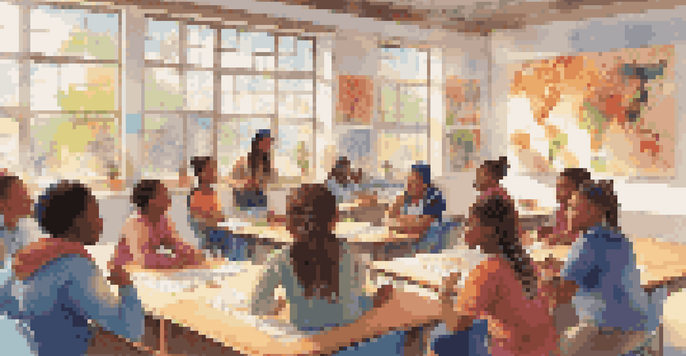 A diverse group of students in a colorful classroom engaged in a discussion, with a teacher facilitating.