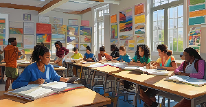 A diverse group of educators collaborating in a bright classroom filled with books and digital devices, discussing interdisciplinary teaching methods.