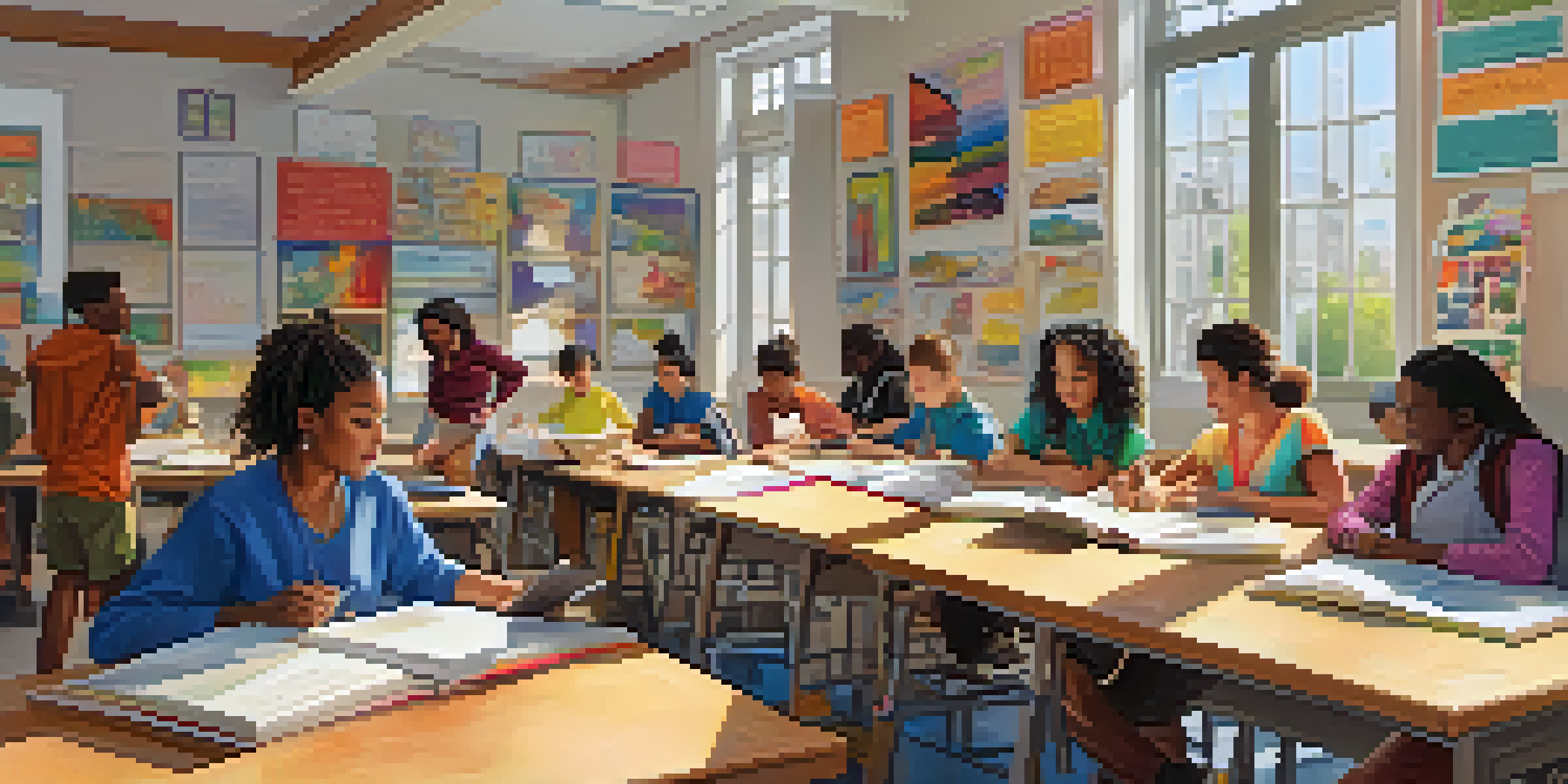 A diverse group of educators collaborating in a bright classroom filled with books and digital devices, discussing interdisciplinary teaching methods.