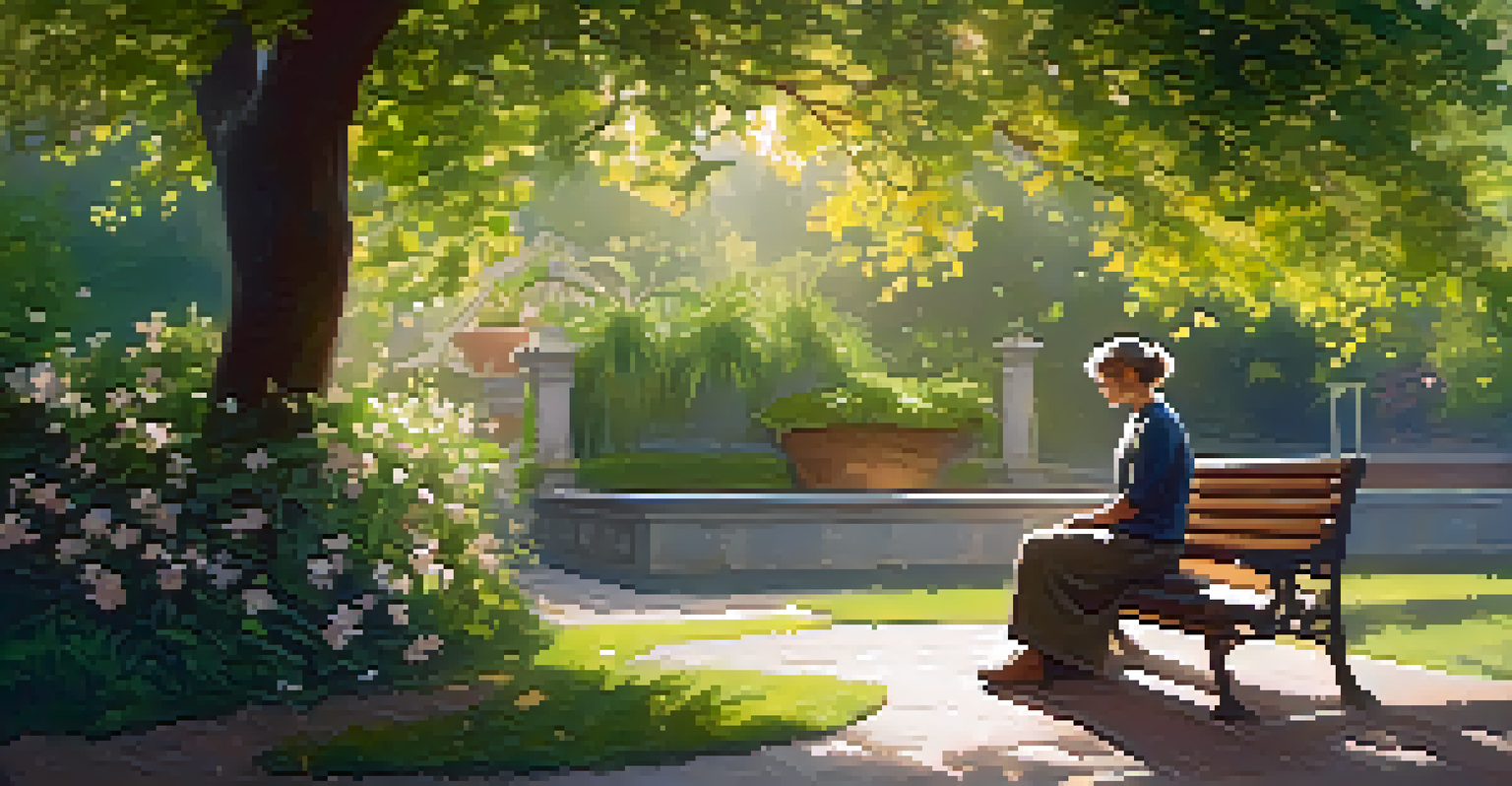 An adult learner sitting in a garden, reflecting on their experiences with a journal, surrounded by blooming flowers.